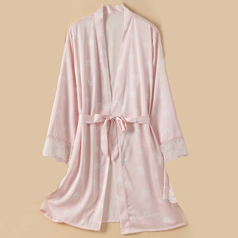 Long Sleeve Lace Women Robe Nightgown Sleep Dress V Neck Printing Kimono Sleep Dress Ice Silk Loose Lounge Home Clothes