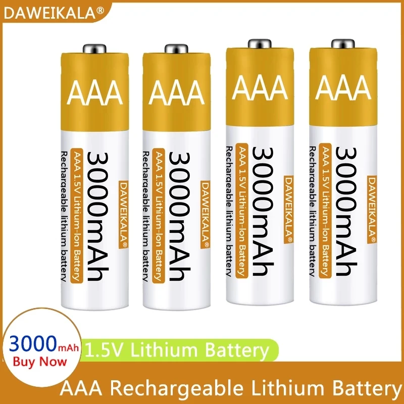 

AAA lithium ion battery, 1.5V rechargeable battery, AA, 3000mAh, for remote control, mouse, small fan, electric toys
