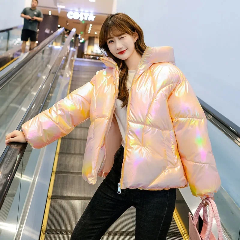 Women Parkas 2023 New Fashion Winter Jacket Glossy Down Cotton Padded Parka Outwear Hooded Solid Female Jacket Snow Wear Coat