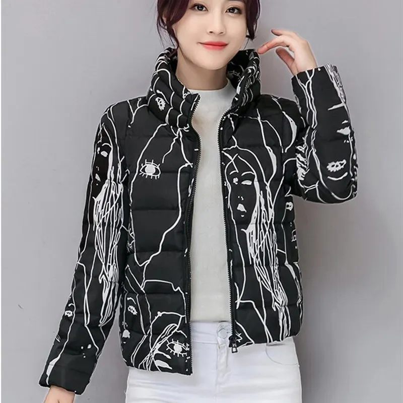 

Winter Polyester Women's Down Jacket Stand Collar Long Sleeve Pockets Cardigan Slim Print Thick Fashion Office Lady Down Jacket