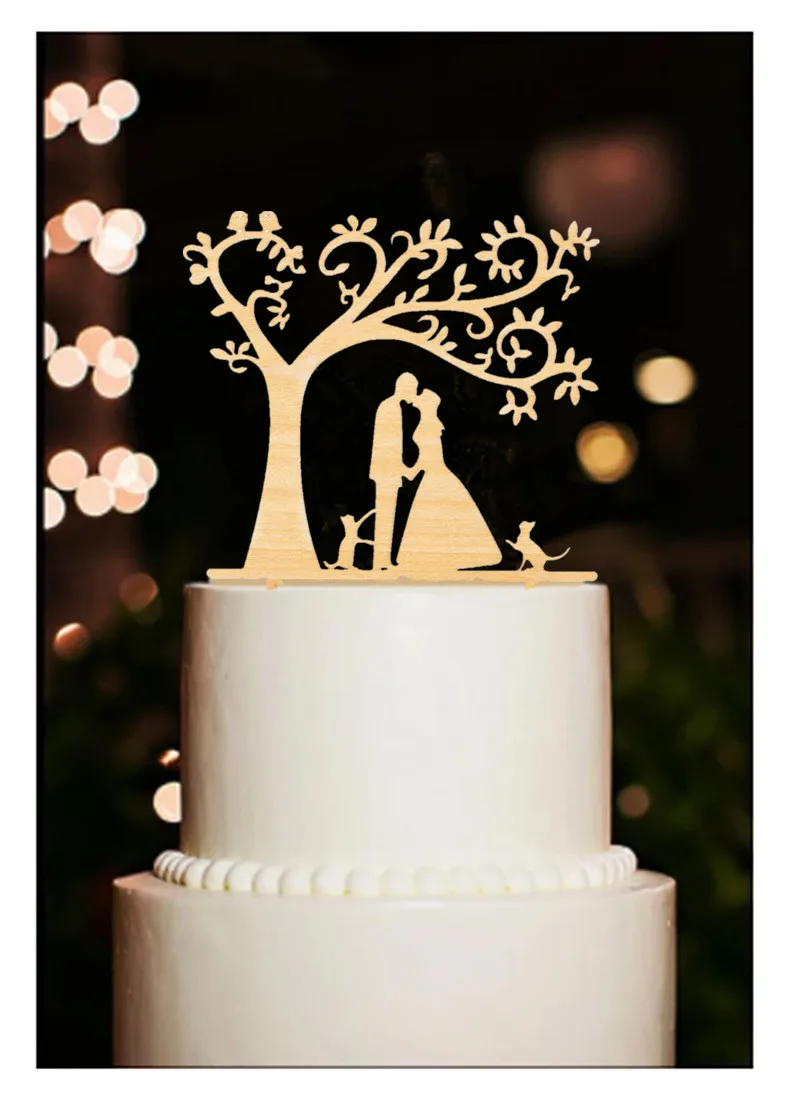 Деревянный Свадебный семейный торт Топпер пара с 2 кошками Невеста и жениха Топпер помолвка Annivesary