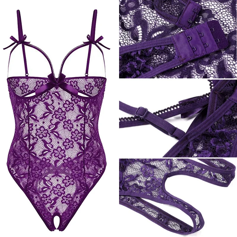 

Purple Wine Red Lace Transparent Teddies Lingerie Women Sexy Bare Chested & Open Crotch Bodysuit Jupmsuit Erotic Costumes