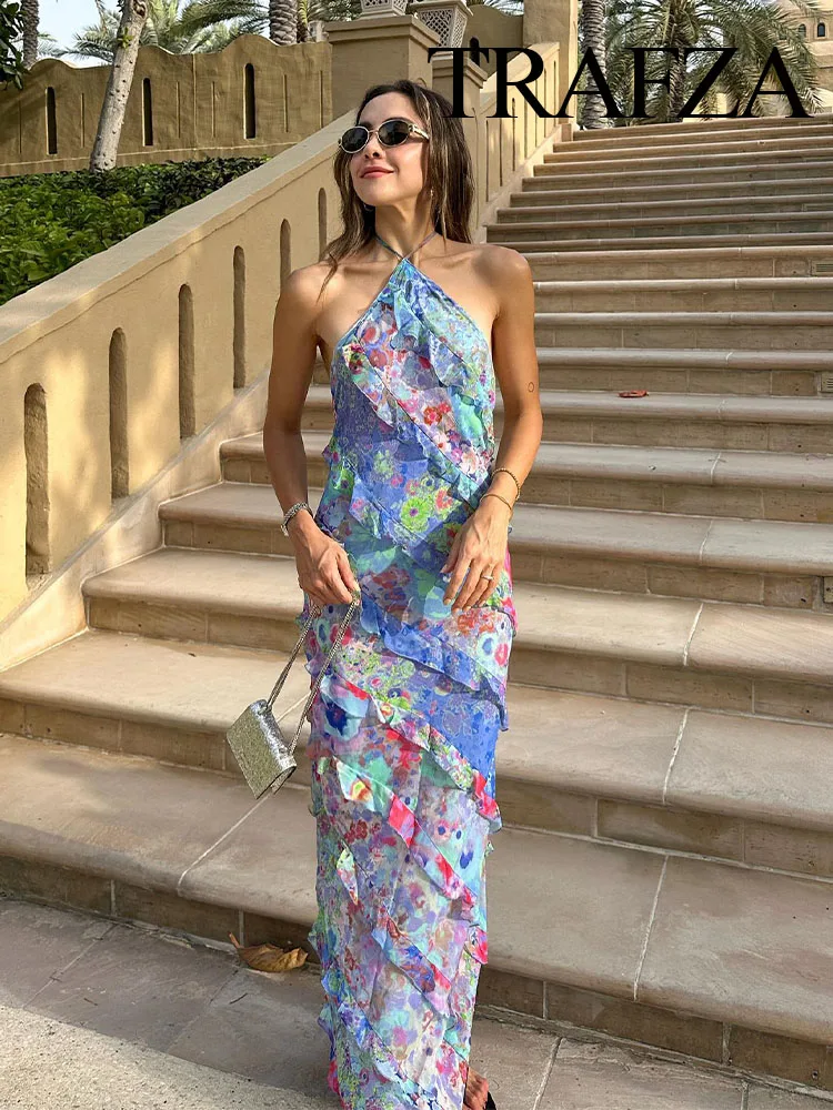 

TRAFZA Female Beach Style Slim Dresses Printed Layered Ruffle Edge Flounces Decorate Sleeveless Backless Women's Sexy Dresses