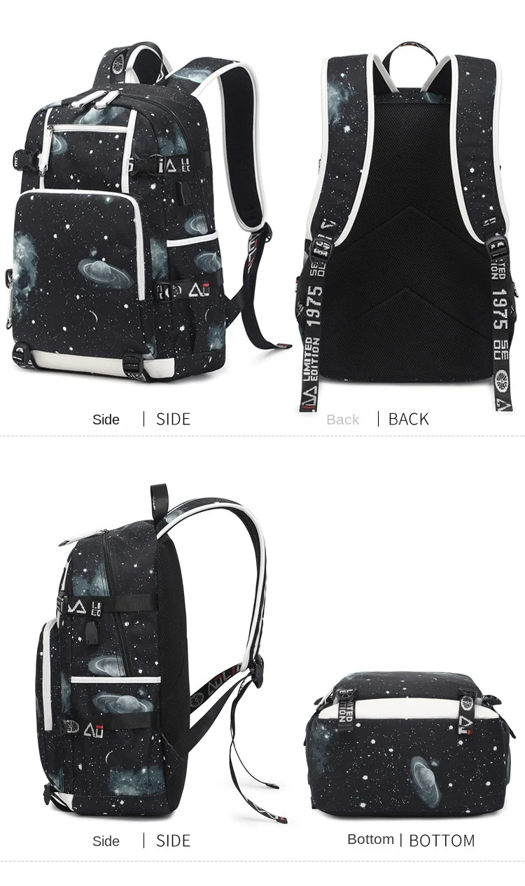 Boys Backpacks Junior High School Bag  Waterproof Casual Daypack Space Galaxy Printed Durable Knapsack with USB Charging Port