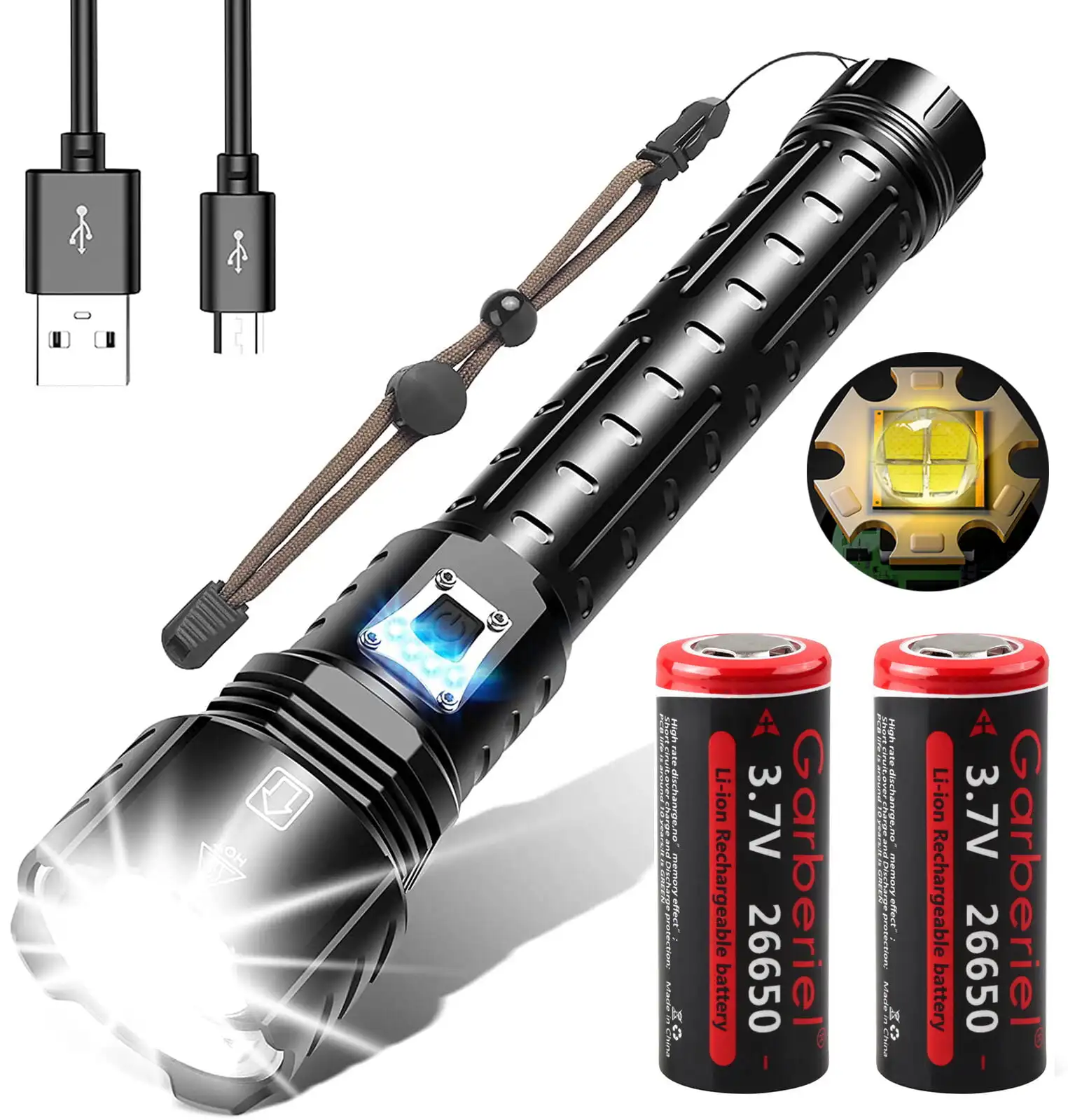 

XHP90.2 Super Bright 120000Lumens LED Zoomable Flashlight USB Rechargeable Waterproof Tactical Torch with 2PCS 26650 Batteries f