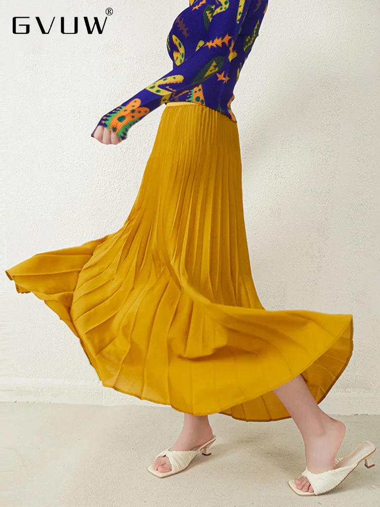 

GVUW 2023 Summer Fashion Pleated A-line Long Skirts Women High Elastic Wasit Solid Color Loose Elegant Female Clothing 17D1856