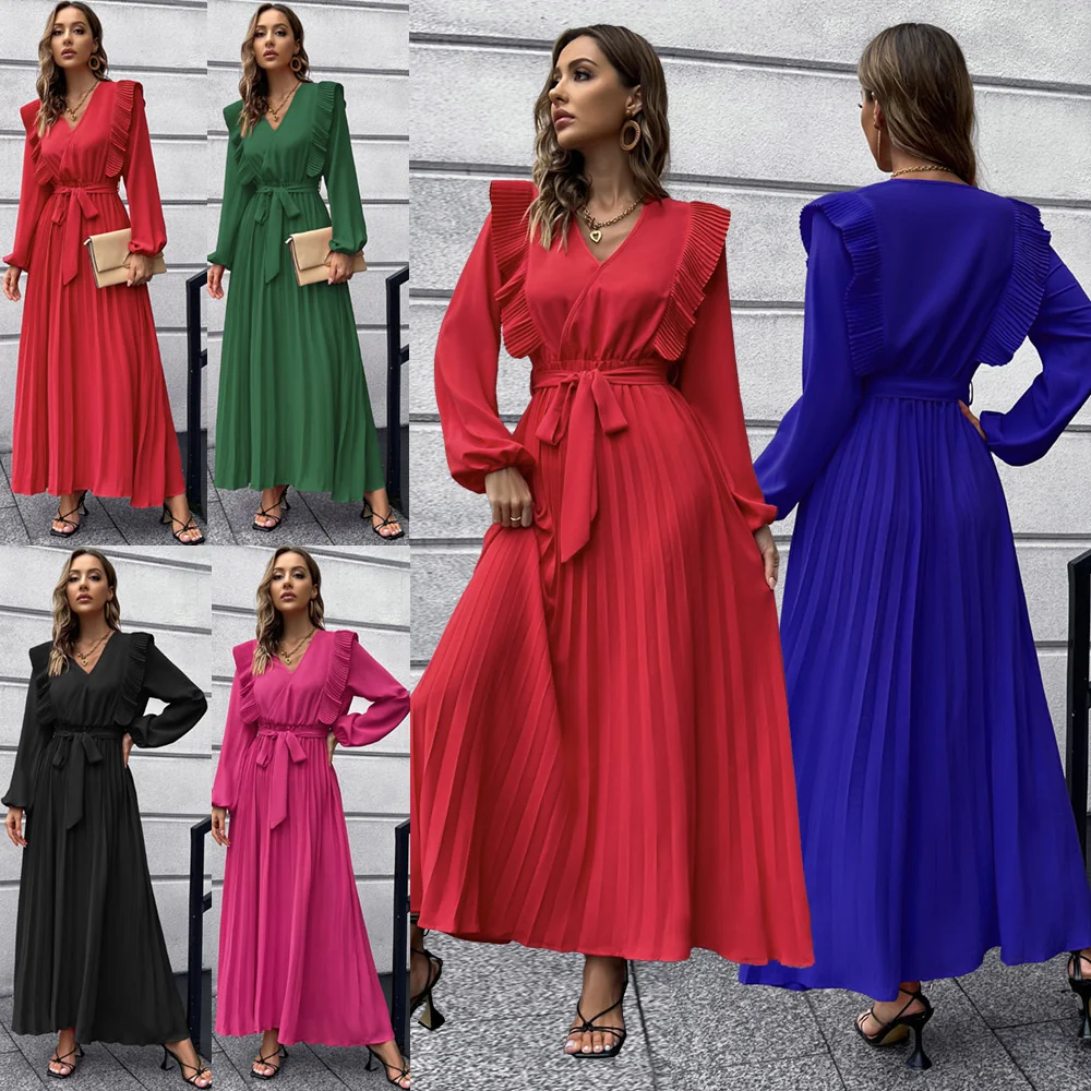 

Женское Плиссированное Платье с V-образным вырезом и широким подолом