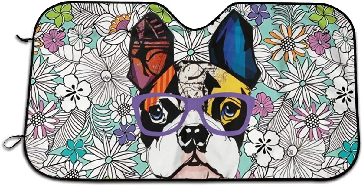

MSGUIDE Flowers and French Bulldog Front Windshield Shade- Sunshade for Car Truck SUV-Blocks UV Rays Sun Visor Protector-Keeps Y