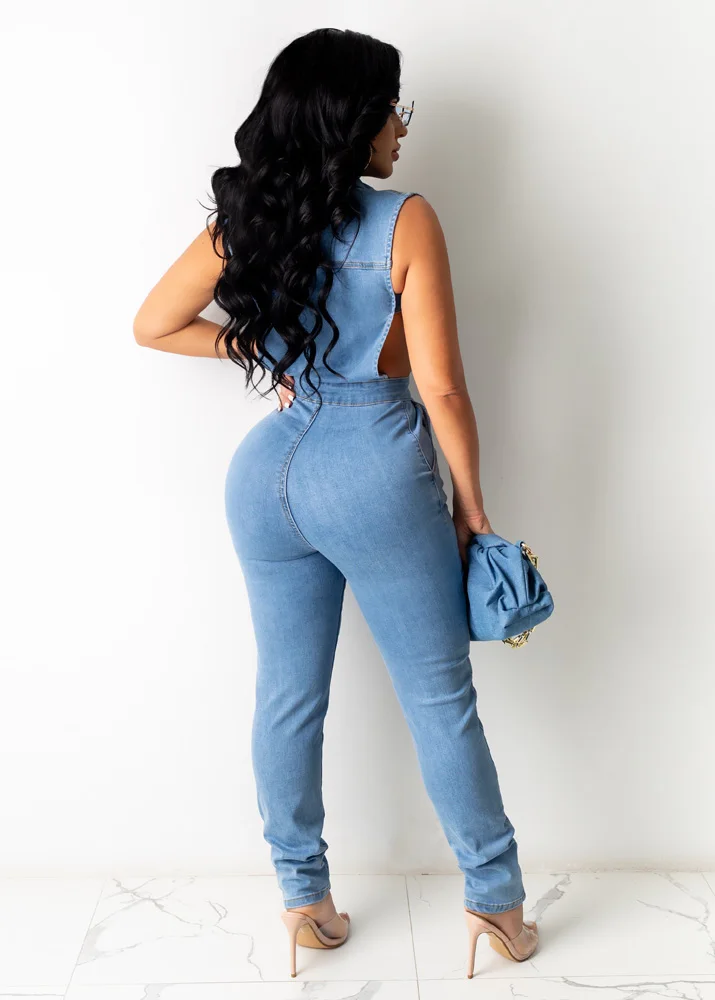 Women Denim Jumpsuit Hollow Out Sleeveless Turn-down Collar Single Breasted Stretchy Jumpsuits Fashion Outfit Summer Fashion