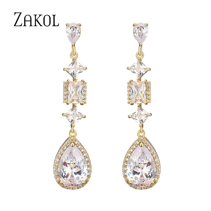 

ZAKOL Female Exquisite Engagement Wedding Party Jewelry Geometric Square Shiny AAA Cubic Zirconia Drop Dangle Earrings EP5088
