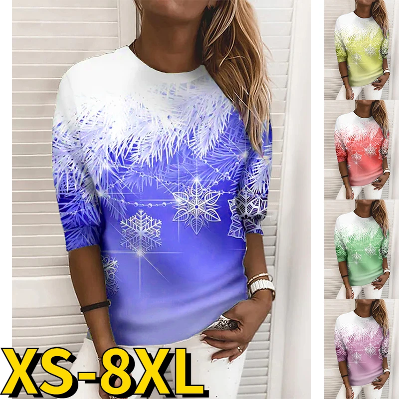 2022 New Women's Elegant Pullover Fashion Round Neck Oversized Long Sleeve Winter Loose T-shirt Autumn Snowflake Printing Tops