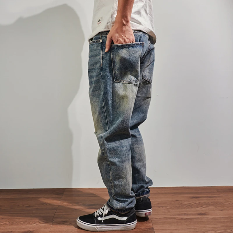 White-washed casual jeans men's straight loose micro-cone casual pants heavy denim pants in autumn and winter