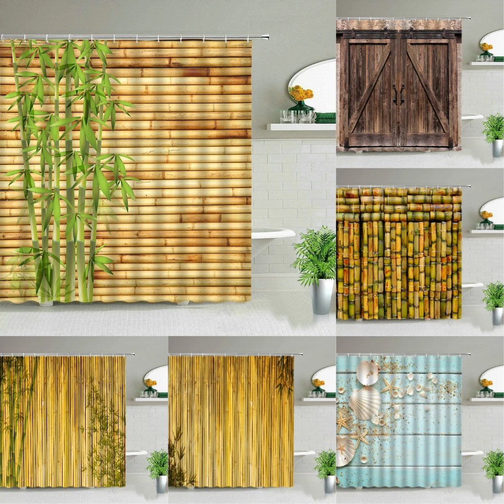 

Chinese Style Green Bamboo Shower Curtain Wood Starfish Shell Bathroom Waterproof Fabric Bath Screen With Hooks Grain Pattern