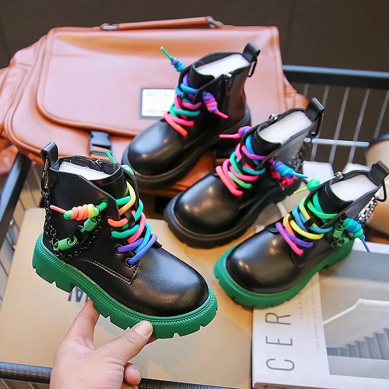 

Детские Модные Разноцветные ботильоны на шнуровке для девочек на осень и зиму Нескользящие кожаные ботинки для мальчиков теплые флисовые хлопковые Прямая поставка