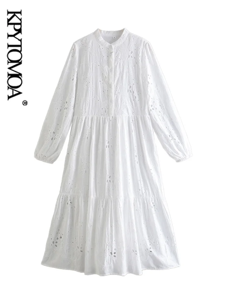 

KPYTOMOA Women Fashion Front Buttons Cutwork Embroidered Midi Dress Vintage Long Sleeve With Lining Female Dresses Vestidos