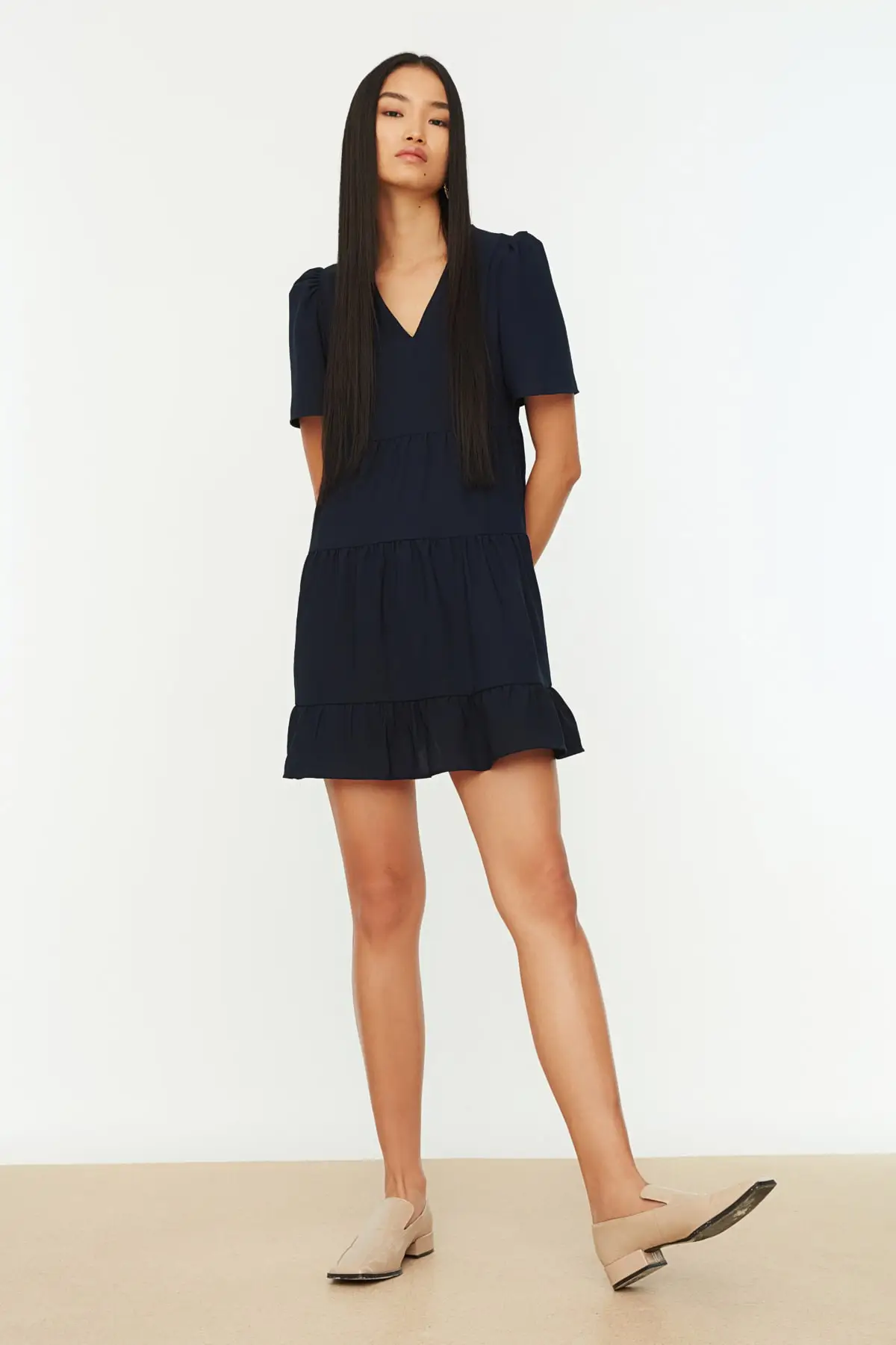 

Navy Blue Wide Cut Dress TWOSS20EL0400 Cool Comfort Plain Sleeve Regular V-Neckline Mini Aerobin Short Polyester Woven