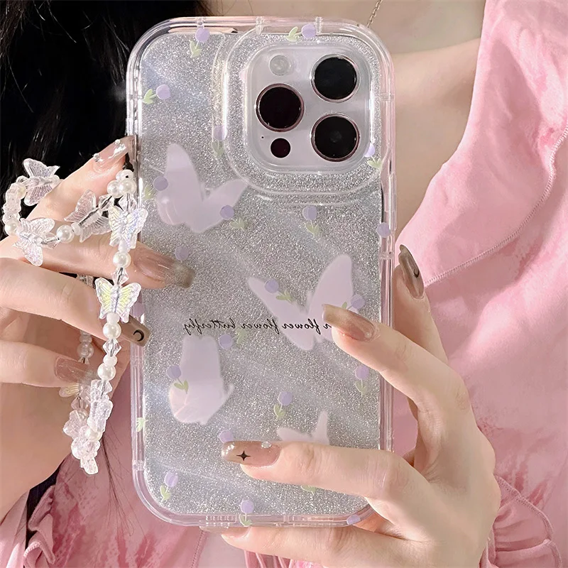 

Glitter Butterfly Phone Cases With Lanyard For iphone 11 13 12 14 Pro Max Phone Cases XR XS 7 8 P For Phone Soft 아이폰 케이스 2023