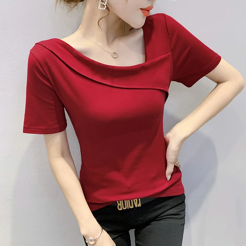 

#7239 Black Red Women's T Shirt Skew Collar Casual Slim Basic T Shirt Femme Cotton Sexy Short Sleeve Women T Shirt S-3XL Summer