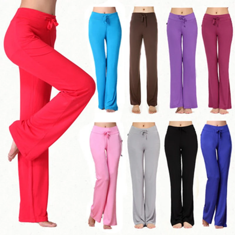 

Новые Женские однотонные длинные брюки с завышенной талией и широкими штанинами, брюки для йоги, танцев, широкие штанины для йоги, бега, гимн...