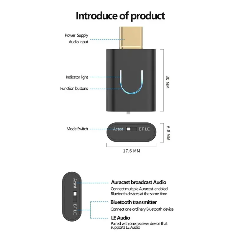 Совместимый с Auracast Bluetooth 5.4 аудиопередатчик с Aptx-Adaptive Type-C, беспроводной стереоадаптер для музыки для ПКноутбукаPS45 (art.: 3920db3bdedd5) - 3920db3bdedd5
