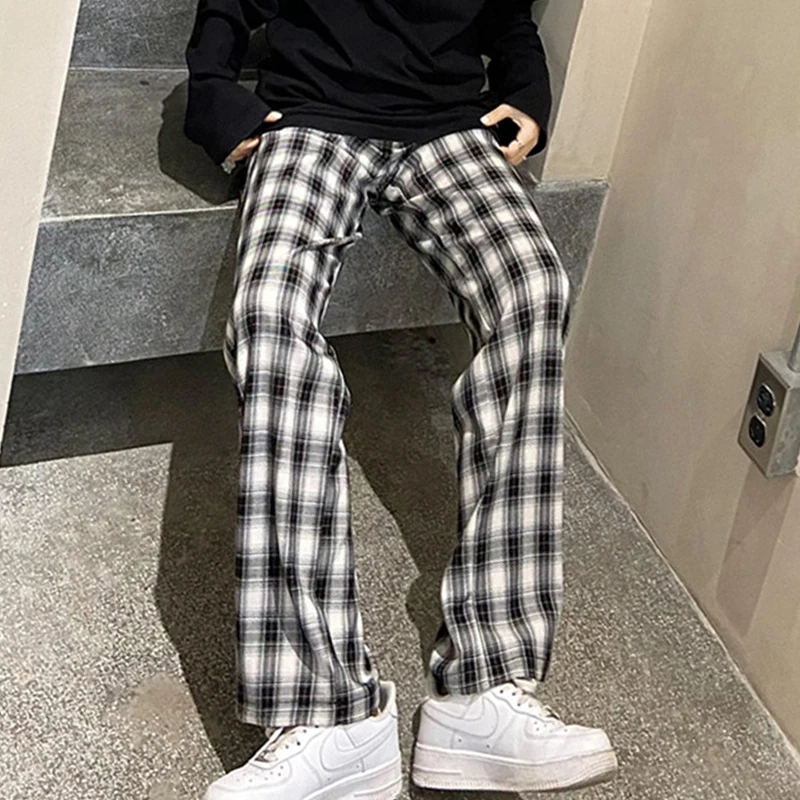 

Ins Retro Teens Straight Trousers harajuku Women Casual Loose Plaid Pants thin black Wide Leg Trousers Hip-hop Unisex Streetwear