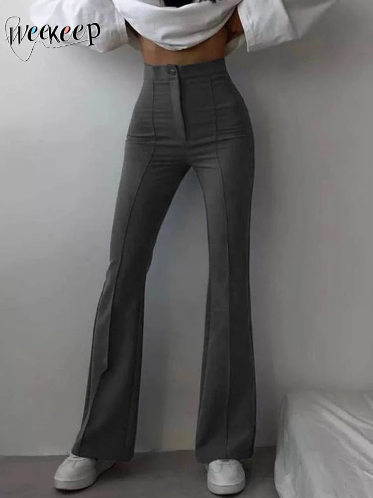 

Weekeep Casual Stitched Grey Flared Pants High Waist Slim y2k Jogger Pants Women Basic Streetwear Solid Trousers Korean Fashion