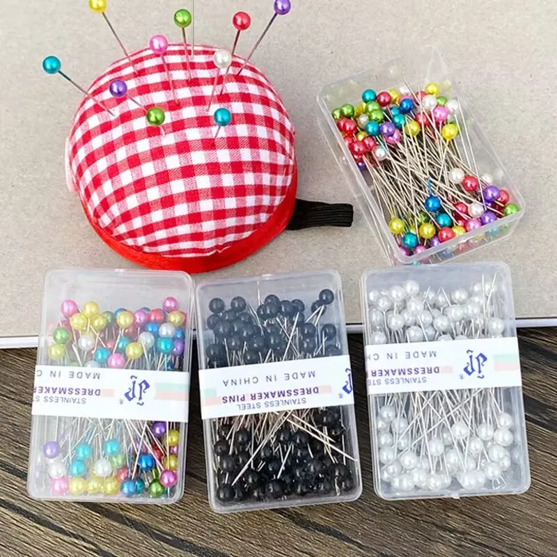 

100Pcs/Box 38cm Colorful Round Pearl Head Needles Stitch Straight Push Sewing Pins For Dressmaking DIY Sewing Tools Positioning