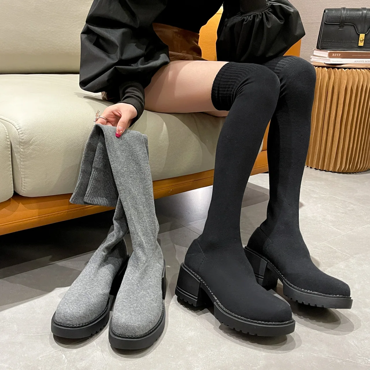 

Women's Boots Autumn Luxury Designer Round Toe Sock Shoes Sexy Thigh High Heels High Sexy Winter Footwear Fashion Stockings Ove