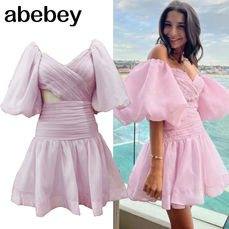 

Women High Quality Fashion Cut Out Waist Party Night Dresses Zevity France Puff Sleeve Sweet Cute Dress Elbise Clubwear