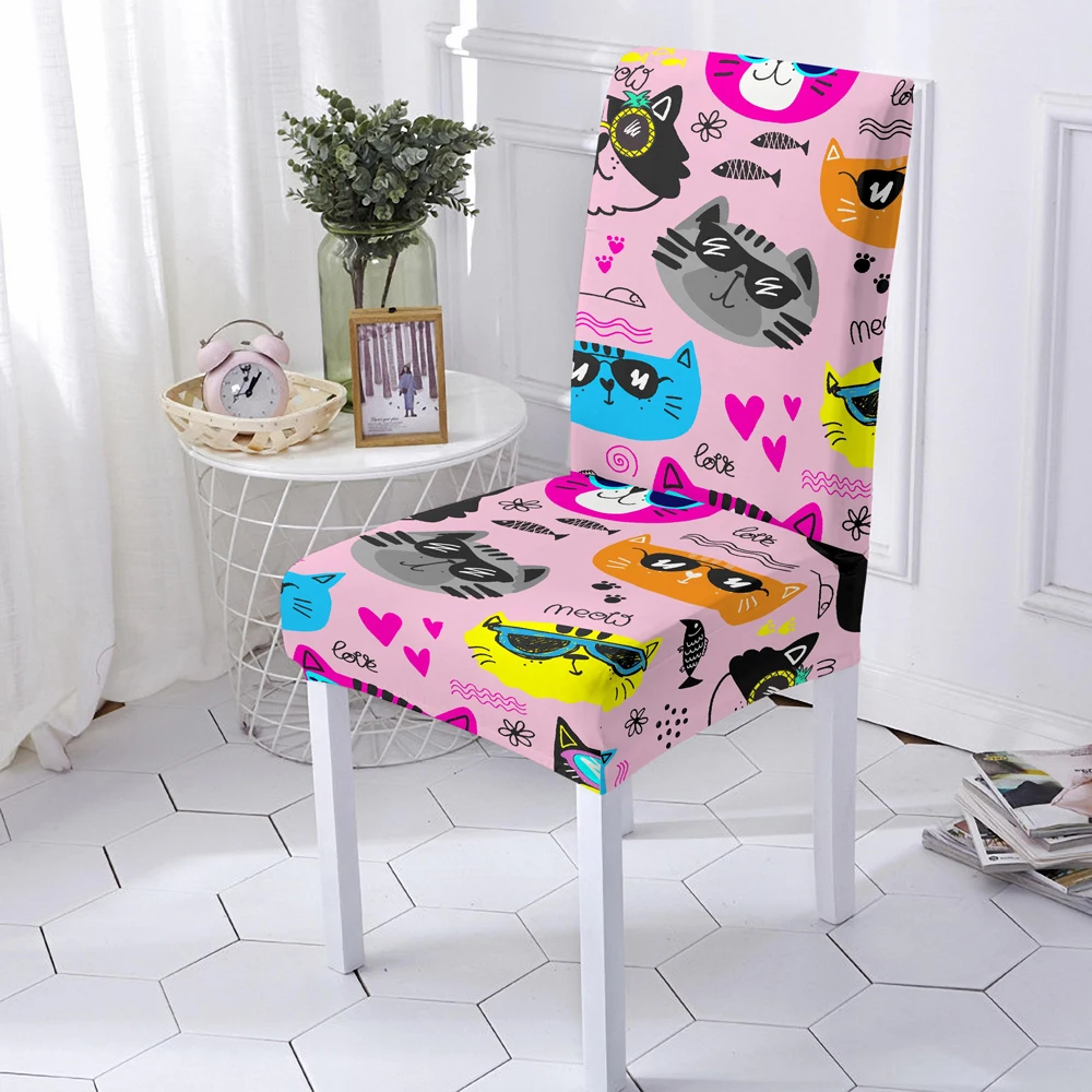 

Cute Animals Print Dining Chair Cover Elastic Seat Chair Cover For Wedding Banquet Decor Polyester Seat Cover Universal Size