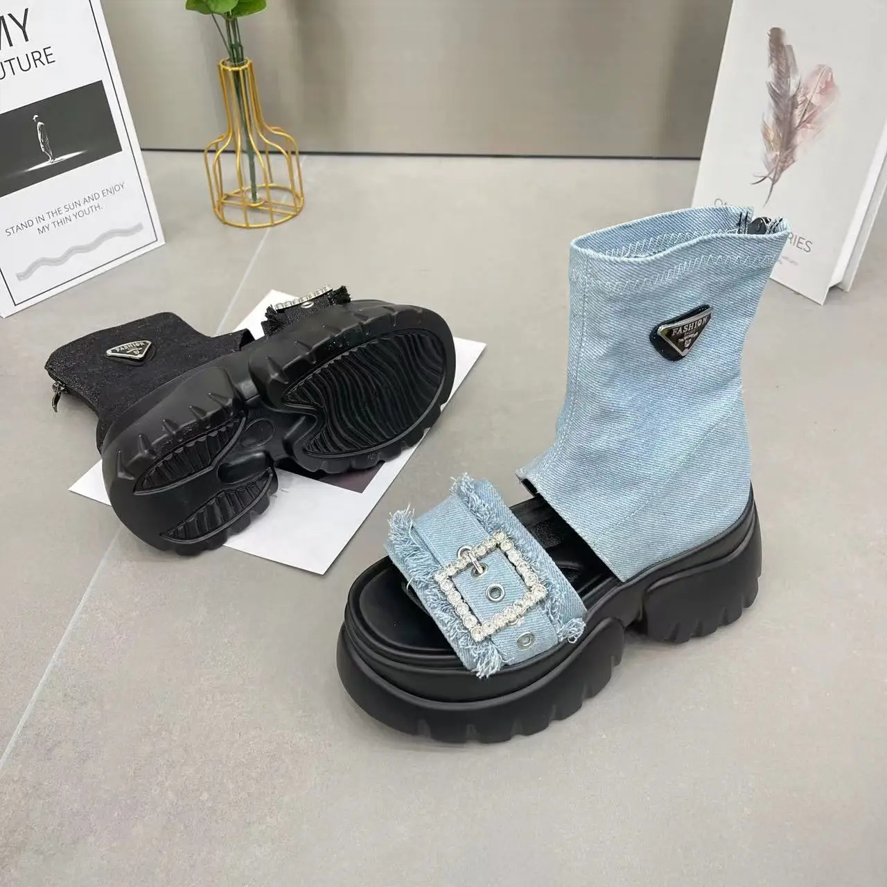 Women's Sandals 2023 Summer Ankle Denim Rhinestone Platform Muffin Super High Heel Motorcycle Boots