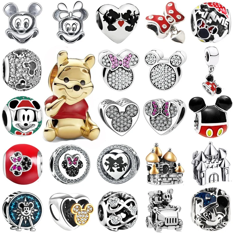 

Mickey and Minnie 925 Sterling Silver Alloy Pendant Disney Cartoon Series Bear Beaded Bracelet Female Cartoon DIY Accessories