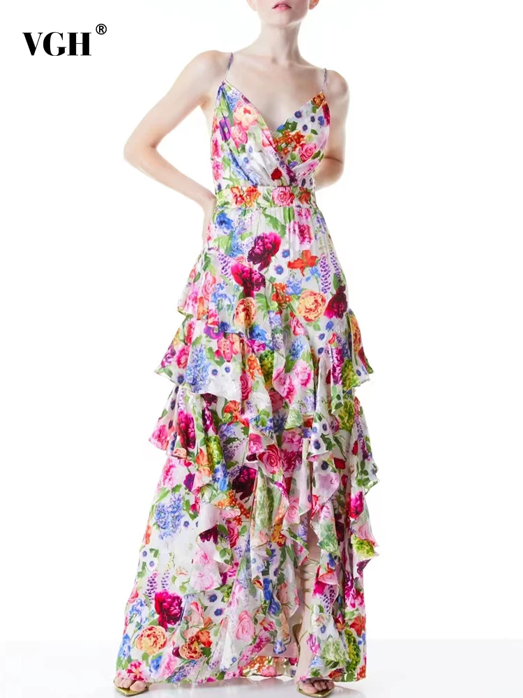 

VGH Tierred Split Thigh Camisole Dresses For Women Square Collar Sleeveless High Waist Coloblock Printing Dress Female 2023 New