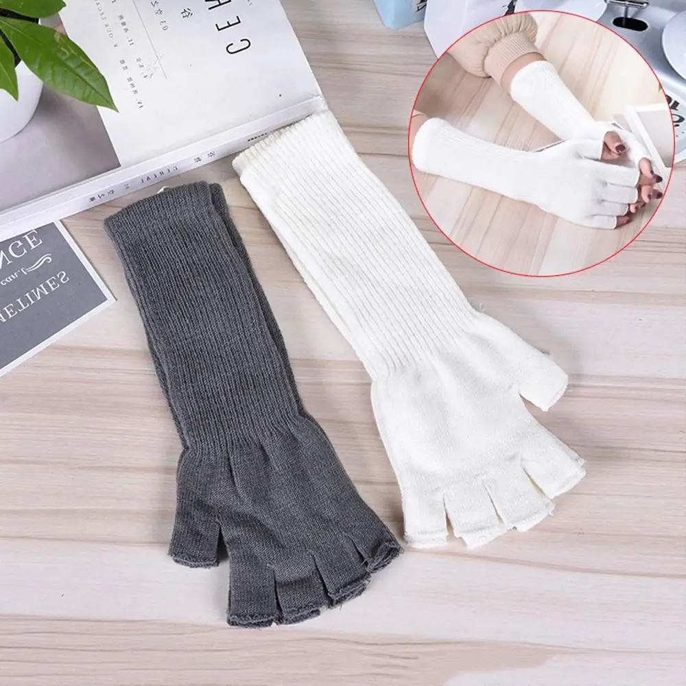 

Korean Solid Color Elbow Outdoors Warm Hand Accessories Knitted Gloves Long Mittens Half-finger Gloves