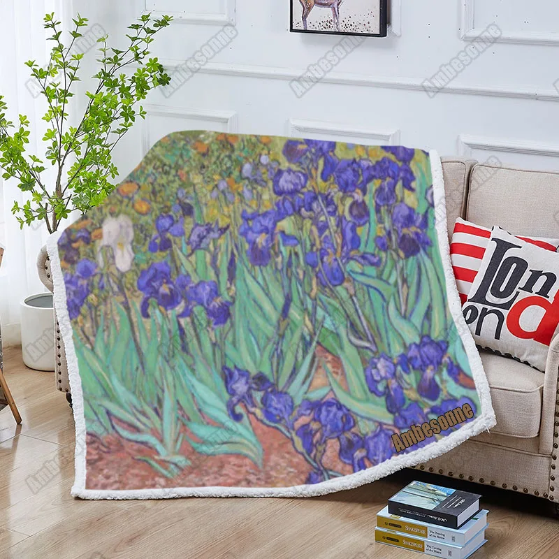 Van Gogh Irises Throw Blanket Home Fluffy Soft Sherpa Blankets For Beds Summer Blankets Outdoor Picnic Blanket Custom Blanket