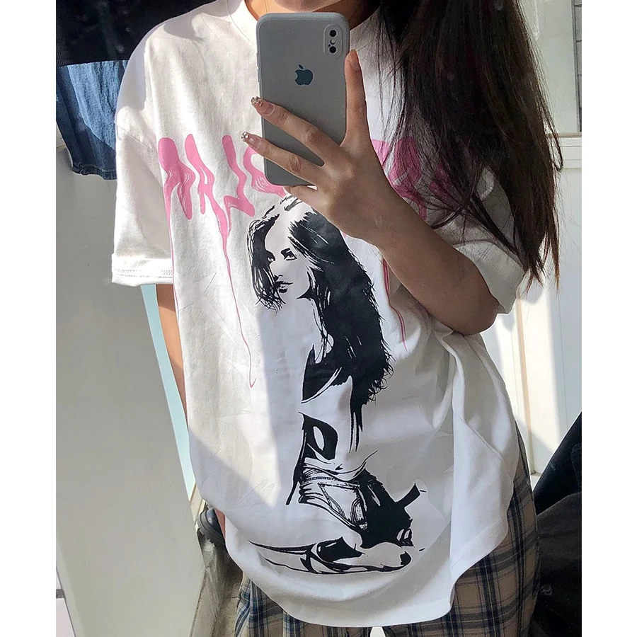 

Streetwear Vintage Lady Hand-painted T Shirts Women Oversized Loose Cotton Summer Tops Short Sleeve Graphic Tees Korean Fashion