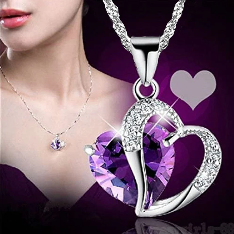 

Womens Necklace Fashion Silver Color Heart Zircon Chain Pendant Necklace Christmas Gift Choker Necklace for Women Jewelry