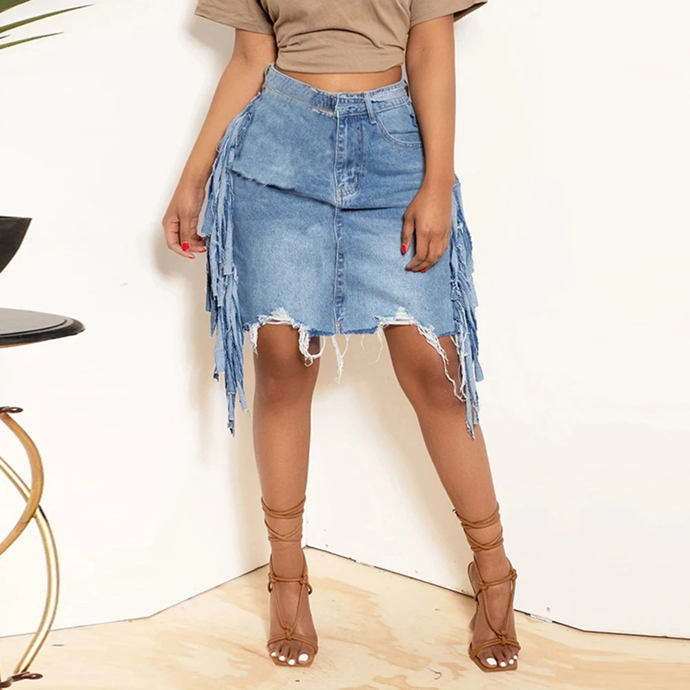 

Sexy Ripped Tassel Denim Washed Tatted Skirt Women High Waist Grunge Mini Skirts 2023 Summer Harajuku Lolita Y2K Clothes