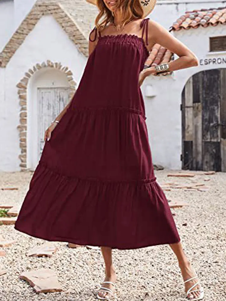 

2022 Summer Maxi Dress Women Elegant Long Party Dress Ladies Loose A Line Spaghetti Strap Pleated Dress For Women