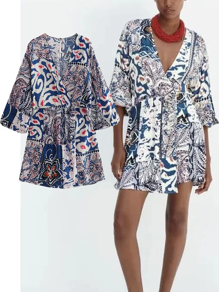 

TRAF 2023 Summer Women Print Jumpsuits Holiday Style Vintage Female Deep V-Neck Long Sleeve Casual Elastic Waist Rompers