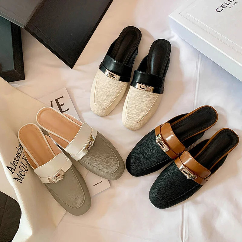 

Ochameb Luxury Brand Lock Mules Women Real Genuine Leather Flats Slippers Woman Slip-ons Slides Summer Sandals Size 33-41 Shoes