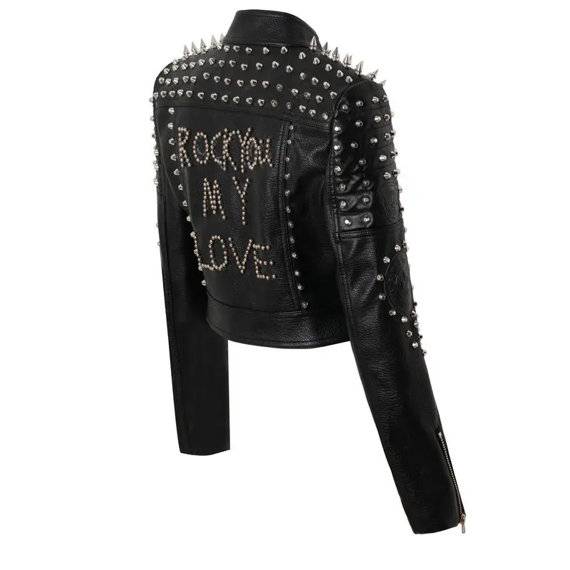 Ladies autumn and winter new street rock motorcycle punk style badge stitching heavy industry rivet short leather jacket