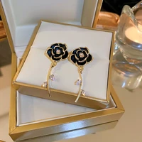2022 new korean black white enamel rose flower earrings for women fashion bijoux zirconia branch oorbellen party accessories