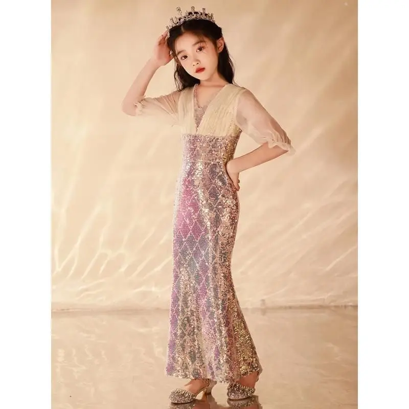 

Блестящие Длинные вечерние платья русалки с блестками для девочек, 2023, Детские Официальные Вечерние платья