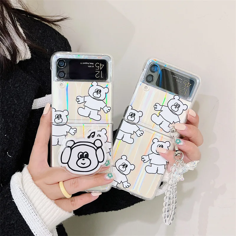 

SX-51-CY Cartoon Personality Bear Phone Case for Samsung Galaxy Z Flip 3 5G Hard PC Back Cover for ZFlip3 Case Protective Shell