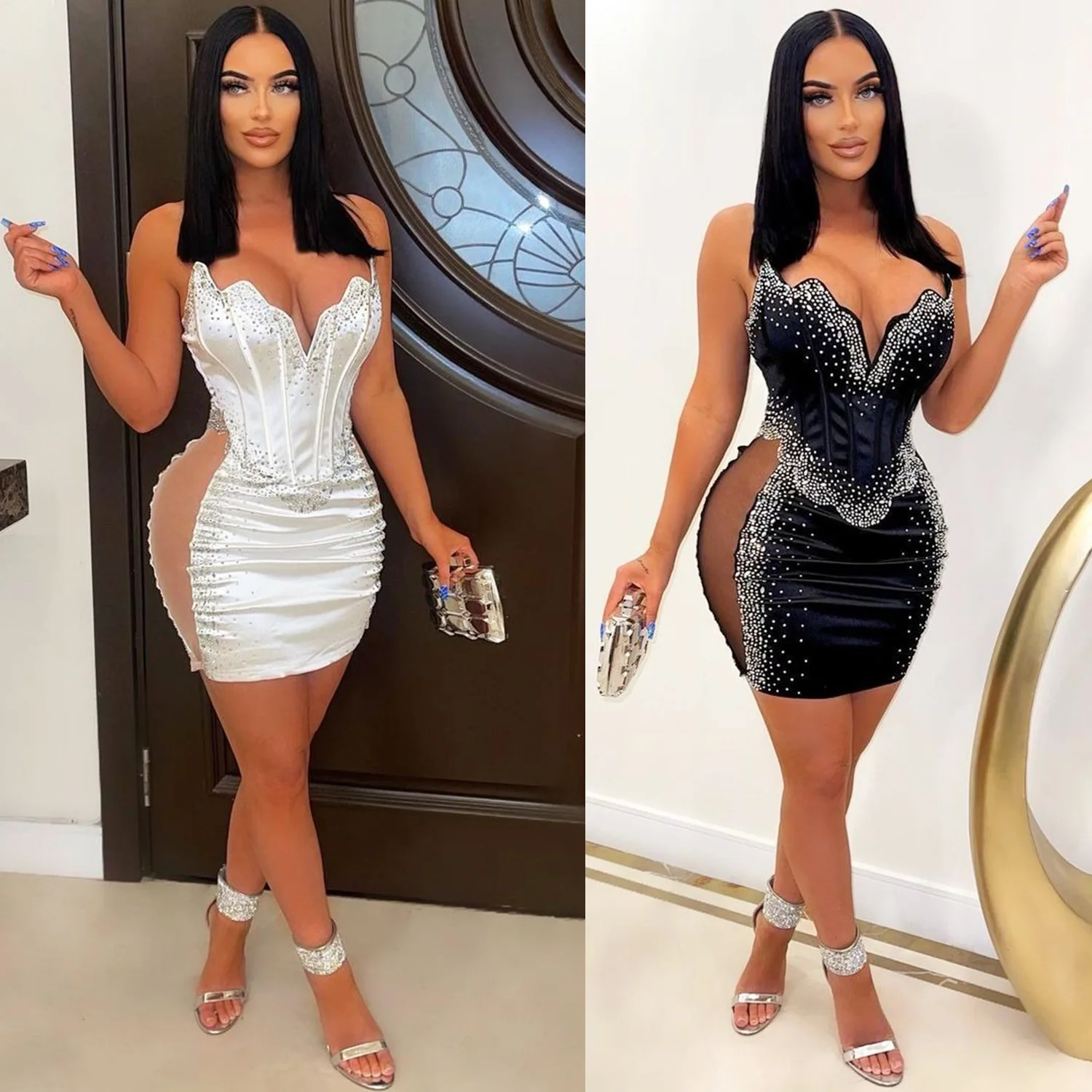 New Sexy Luxury Bling Birthday Dress Rhinestone Corset Mini Dresses for Women Autumn Party Night Club Outfits Evening Dresses