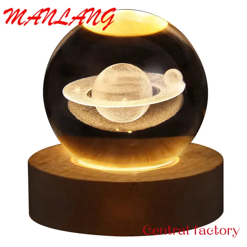 

Custom Custom Decor Ornaments Moon Planet Solar System Astronaut 3d Art Lamp Led Glowing Crystal Ball Night Light With Wood Bas