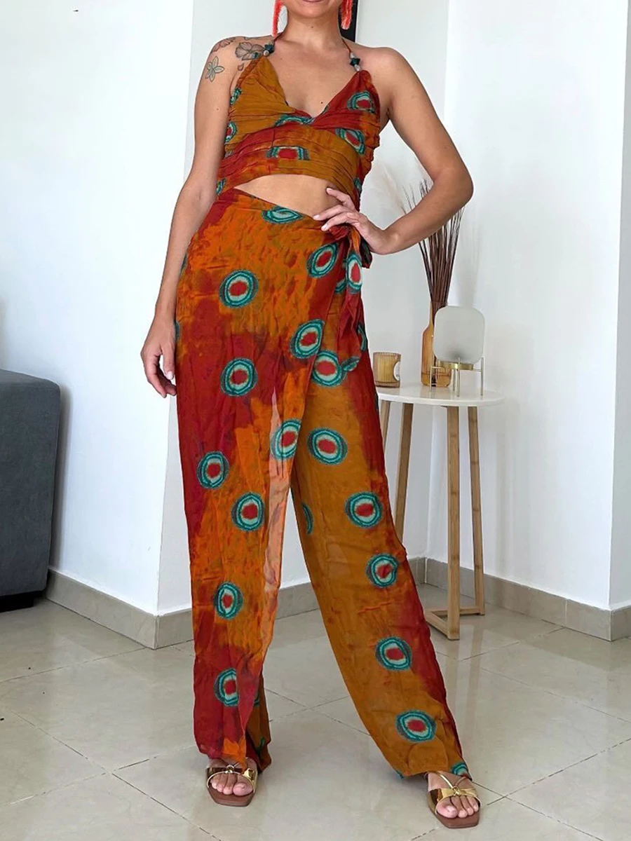 

Женский комплект из 2 предметов, жилет и штаны с графическим принтом, плиссированная кофта с лямкой на шее и Длинные свободные брюки неправильной формы, повседневный праздничный комплект из 2 предметов