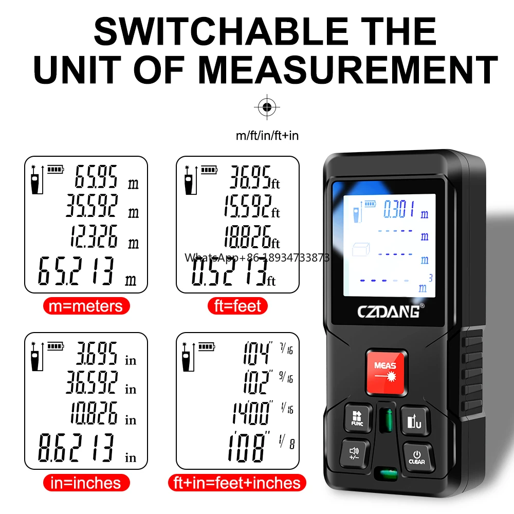 z możliwością przełączania m/ft/in/ft + in. Zakres 120 metrów/394 stopy Cyfrowy laserowy dalmierz na podczerwień Taśma miernicza 2 poziomami