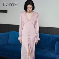 caiyier silk lace long nightdress lingerie solid color nightgowns spring winter vintage sleepshirts v neck dresses loungewear